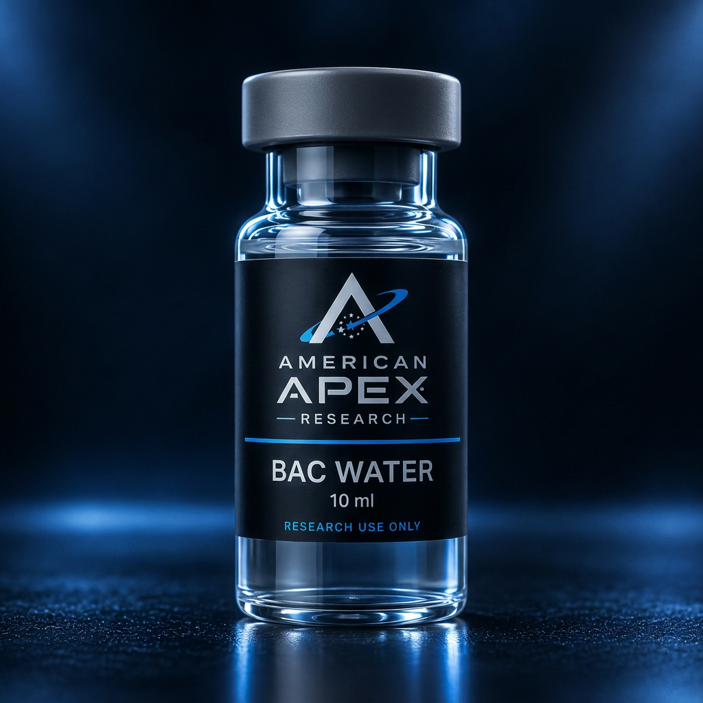 Bacteriostatic Water research vial with American Apex Research branding