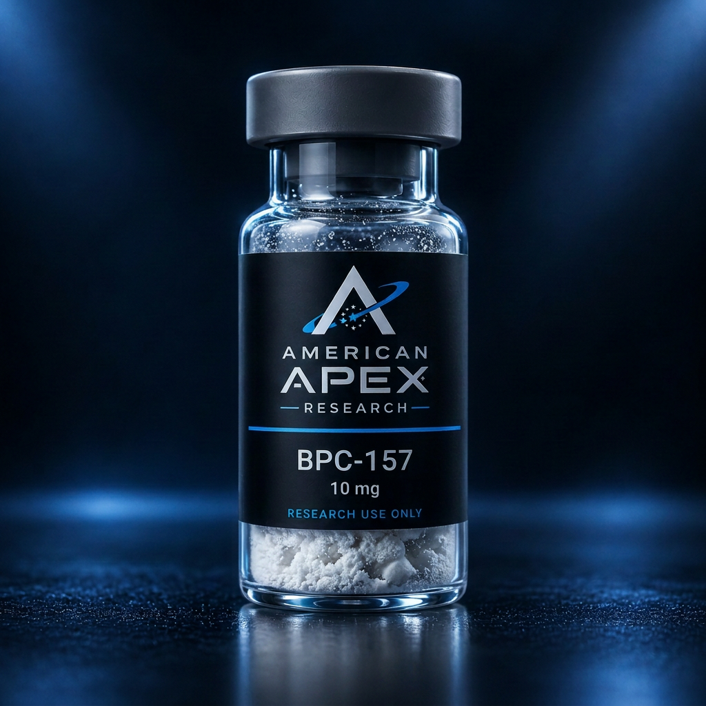 BPC-157 research vial with American Apex Research branding
