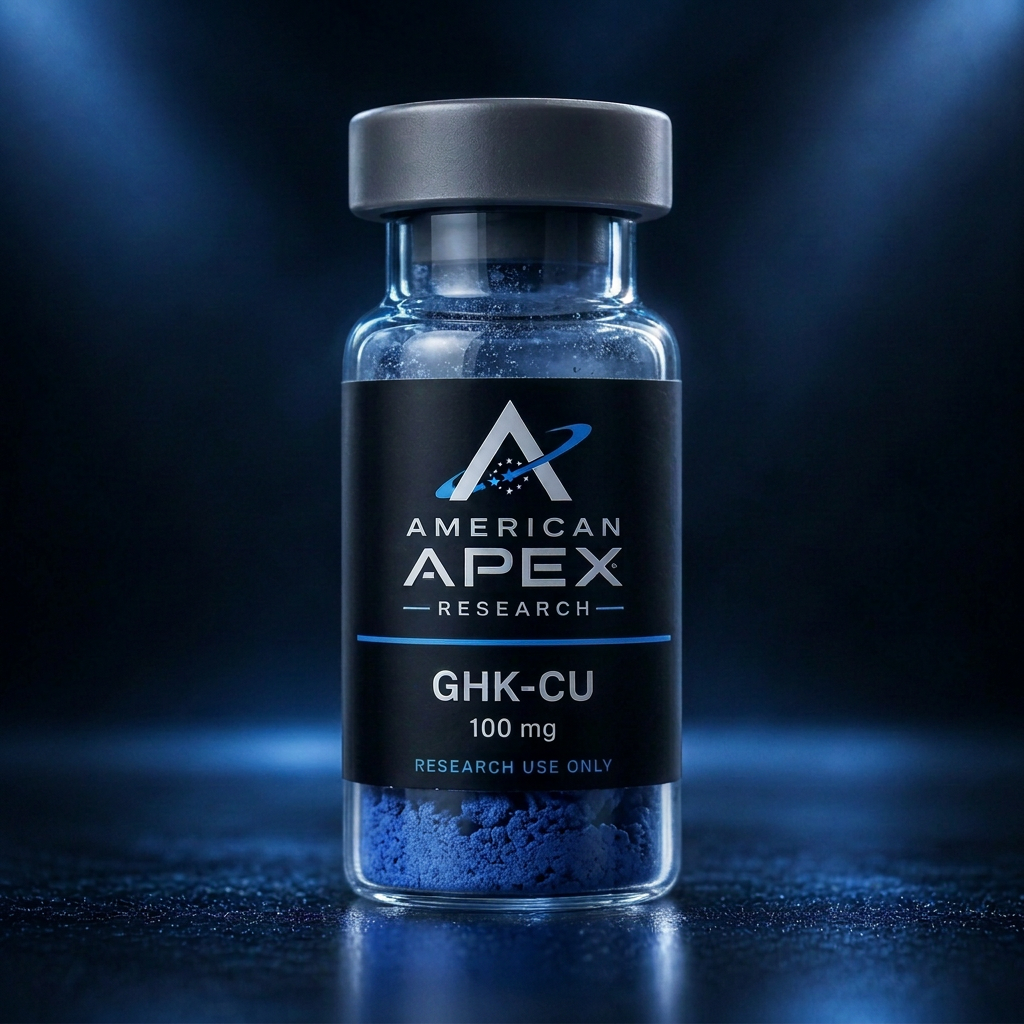 GHK-CU research vial with American Apex Research branding